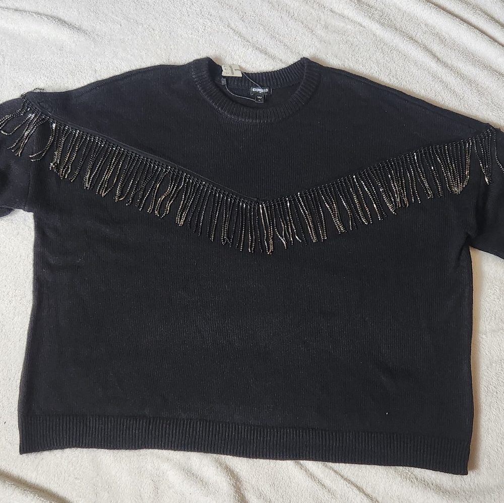 Nwt Express Rhinestone Fringe Black Crewneck Knit Pullover Sweater